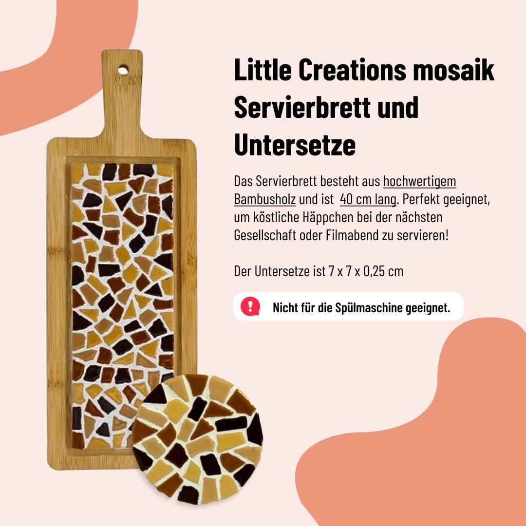 Little Creations - DIY Mosaik Bastelset Erwachsene Beige | 1x Servierplatte & 4x Untersetzter | Komplettes Set aus Mosaiksteinen und Holz | Selbst gestalten und basteln
