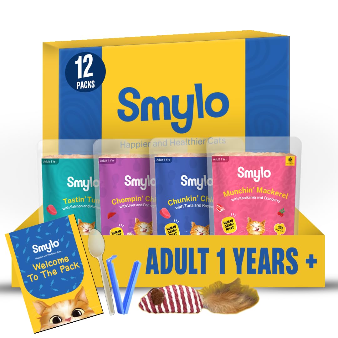 Smylo Natural Healthy Adult Cat Wet Food Trial Box (1+ Yrs) 70g x 12 Packs | Chicken, Tuna, Mackerel and Chicken & Tuna Recipes | Grain Free, No Preservatives & by-Products | Vet-Formulated