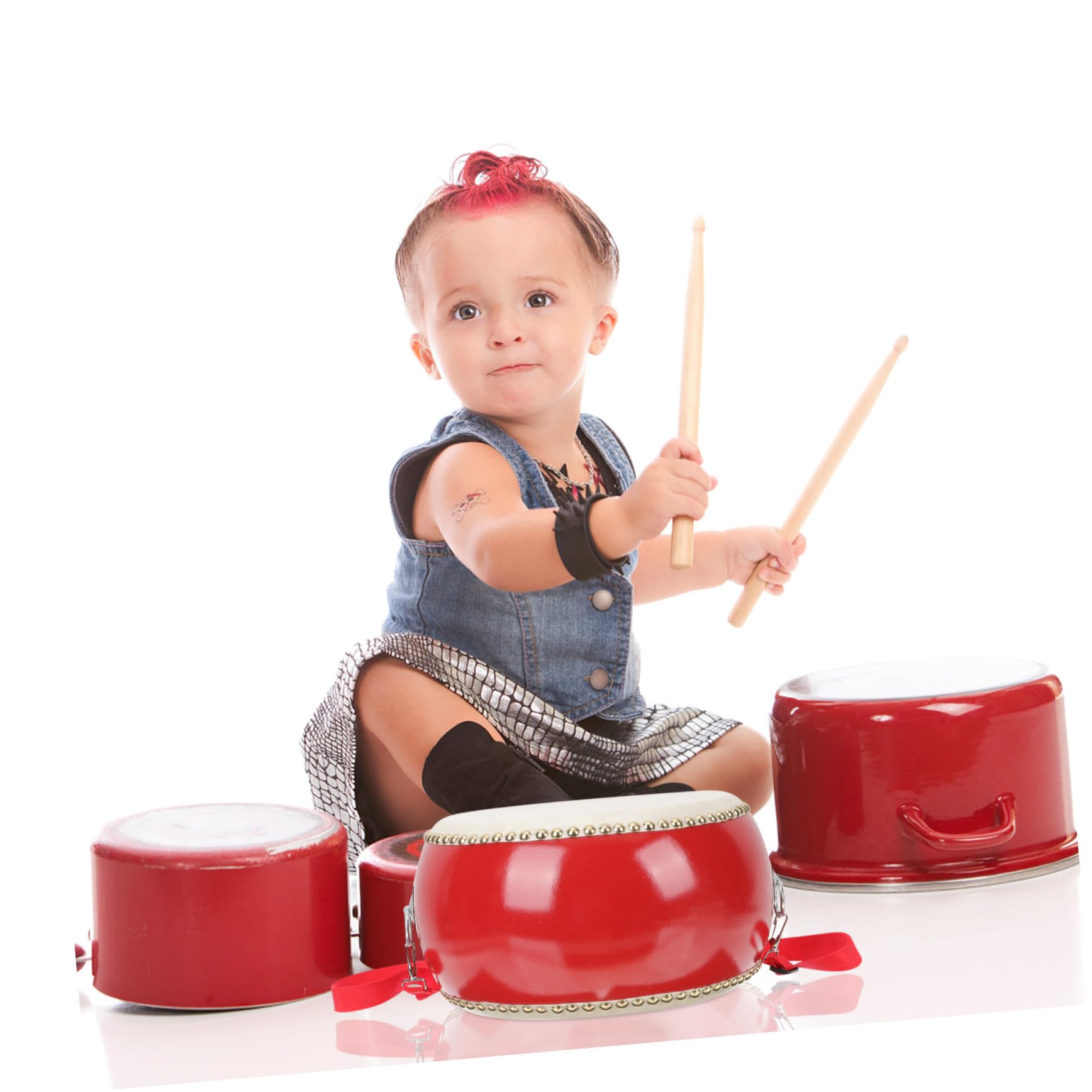 Set Tamburo Percussione in Legno e Pelle Bovina Rosso 1