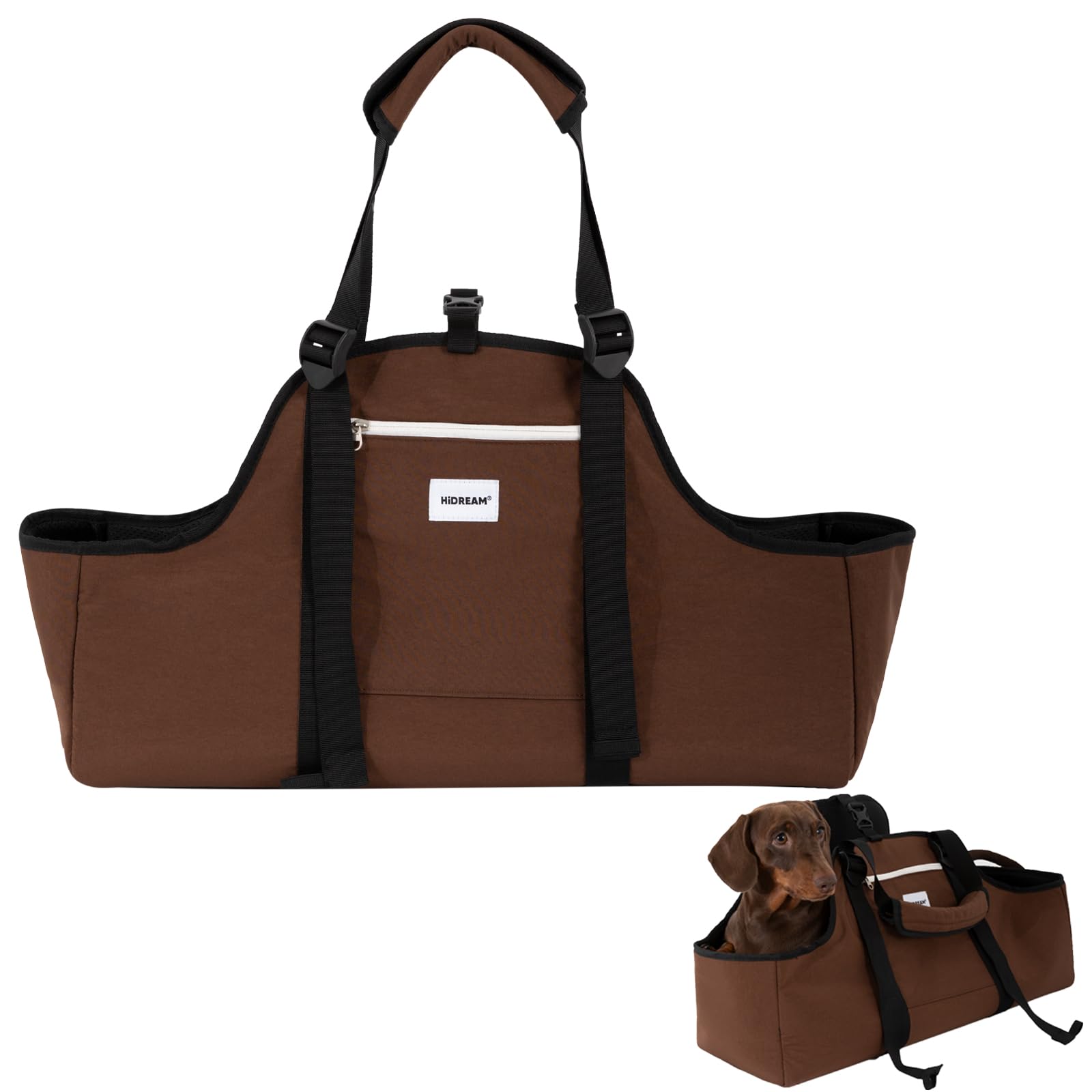 Tragbare Hundetasche, Nylon, leicht, wasserabweisend, Dackel-Haustier-Tragetasche, Lange Hundetasche, bis zu 8 kg, mit U-förmiger Öffnung und Anti-Ausbruch-Clip (Braunheit)