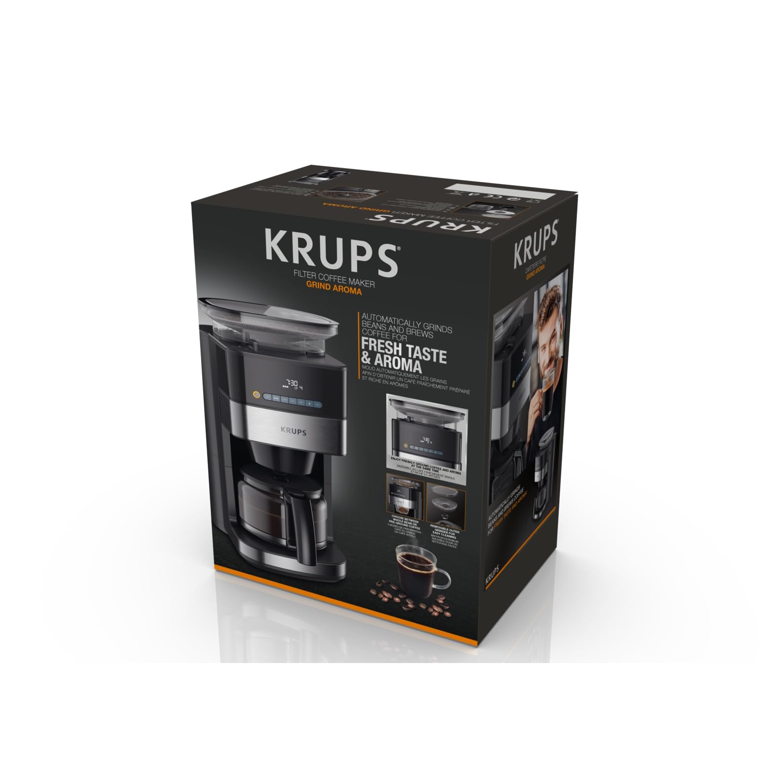 Krups KM8328 Grind Aroma Kaffeemaschine mit Mahlwerk | 24-Stunden-Timer | 180 g Bohnenbehälter | 1,25 L Fassungsvermögen für bis zu 15 Tassen Kaffee | Auto-Off-Funktion | 3 Mahlgrade | Schwarz