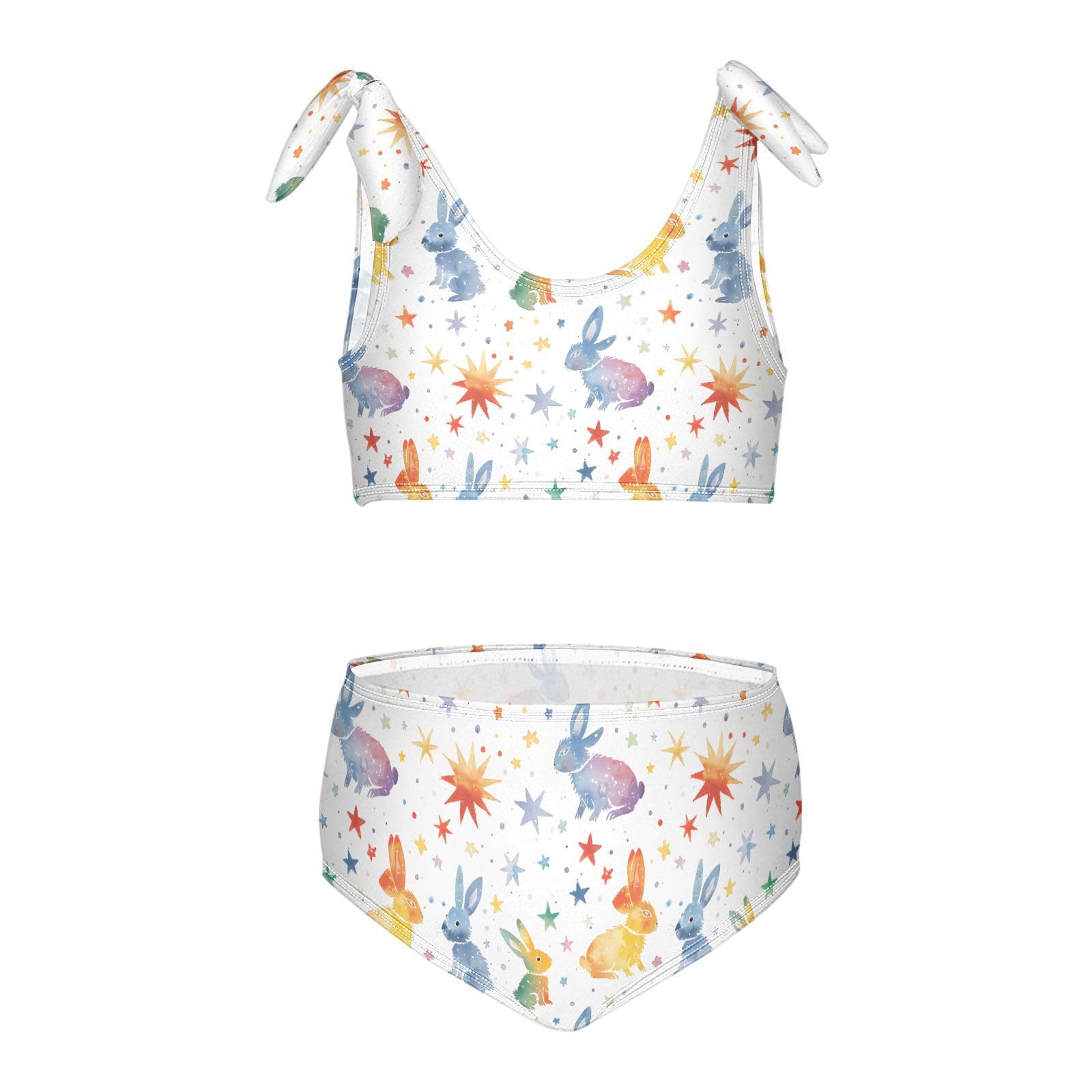 Rainbow Color Rabbit Girls 2-Piece Tankini Swimsuit, Girls Bikini Swimsuits Summer Beach Bathing Suit Set, 4T