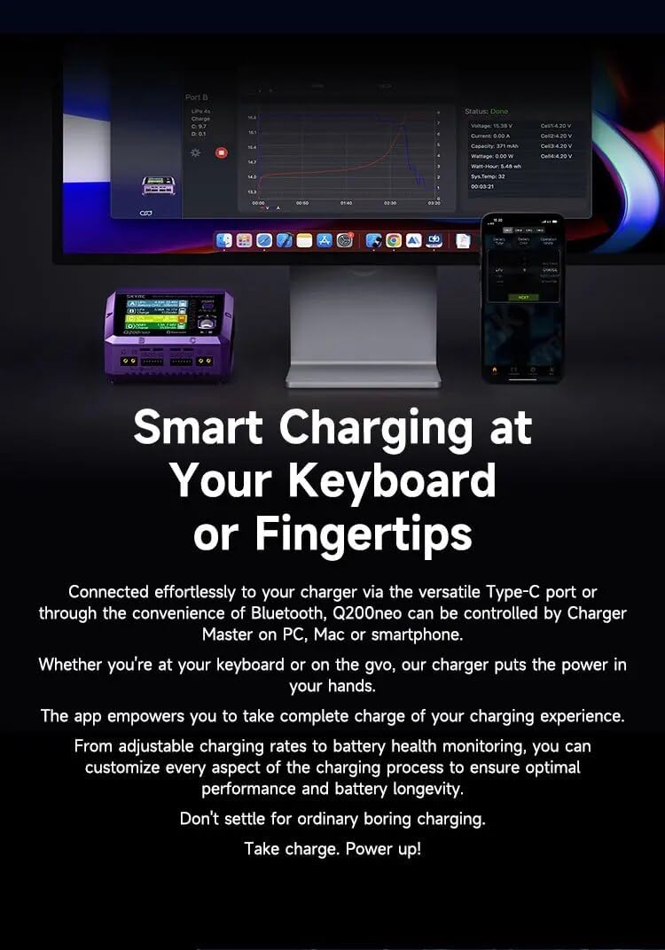 SKYRC Q200neo Charger connected to a computer monitor and smartphone, demonstrating app control and data monitoring.