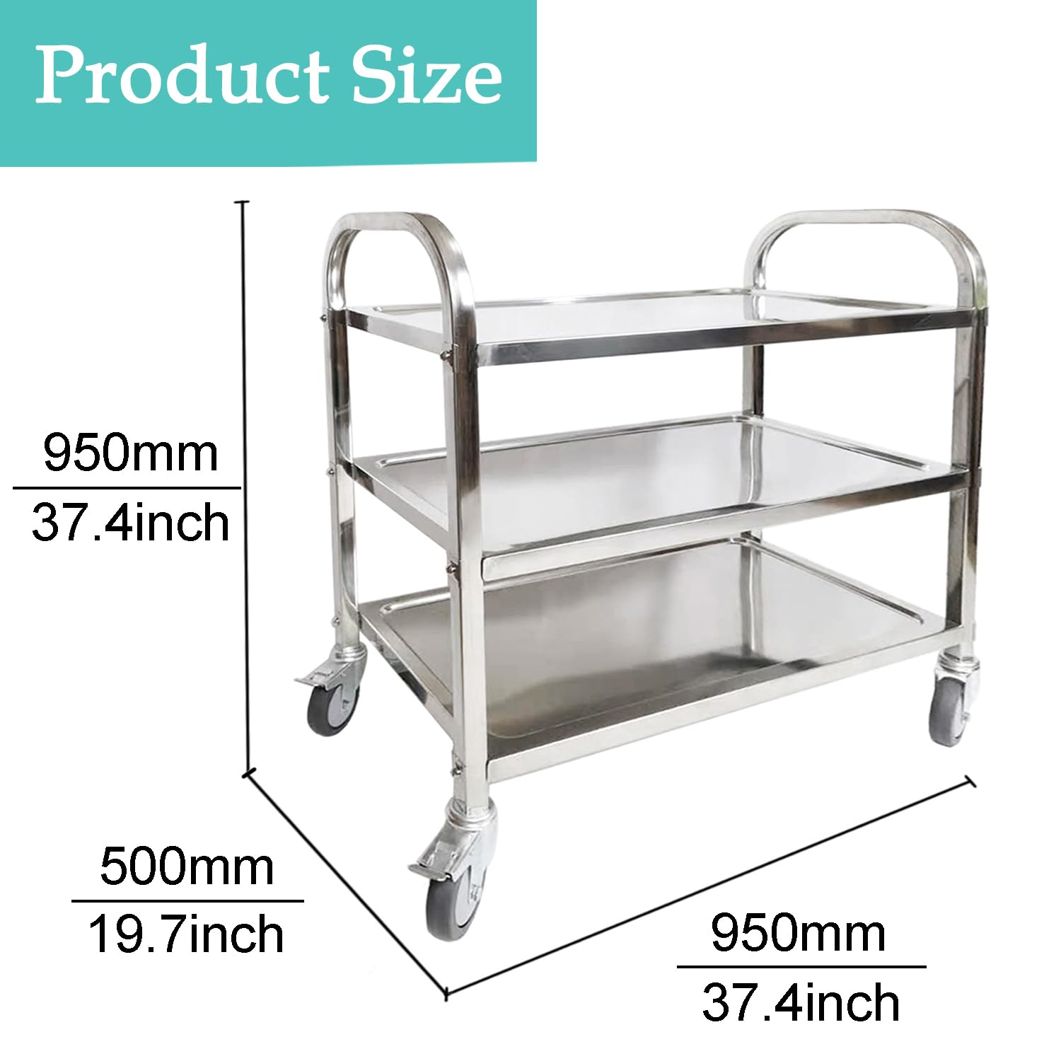 ITINA 3 Tier Stainless Steel Utility Cart with Locking Wheels L95x W50x H95cm 150kg Total Load Capacity Kitchen Island Trolley Catering Storage Cart for Kitchen Restaurant Hotel Cafe Home