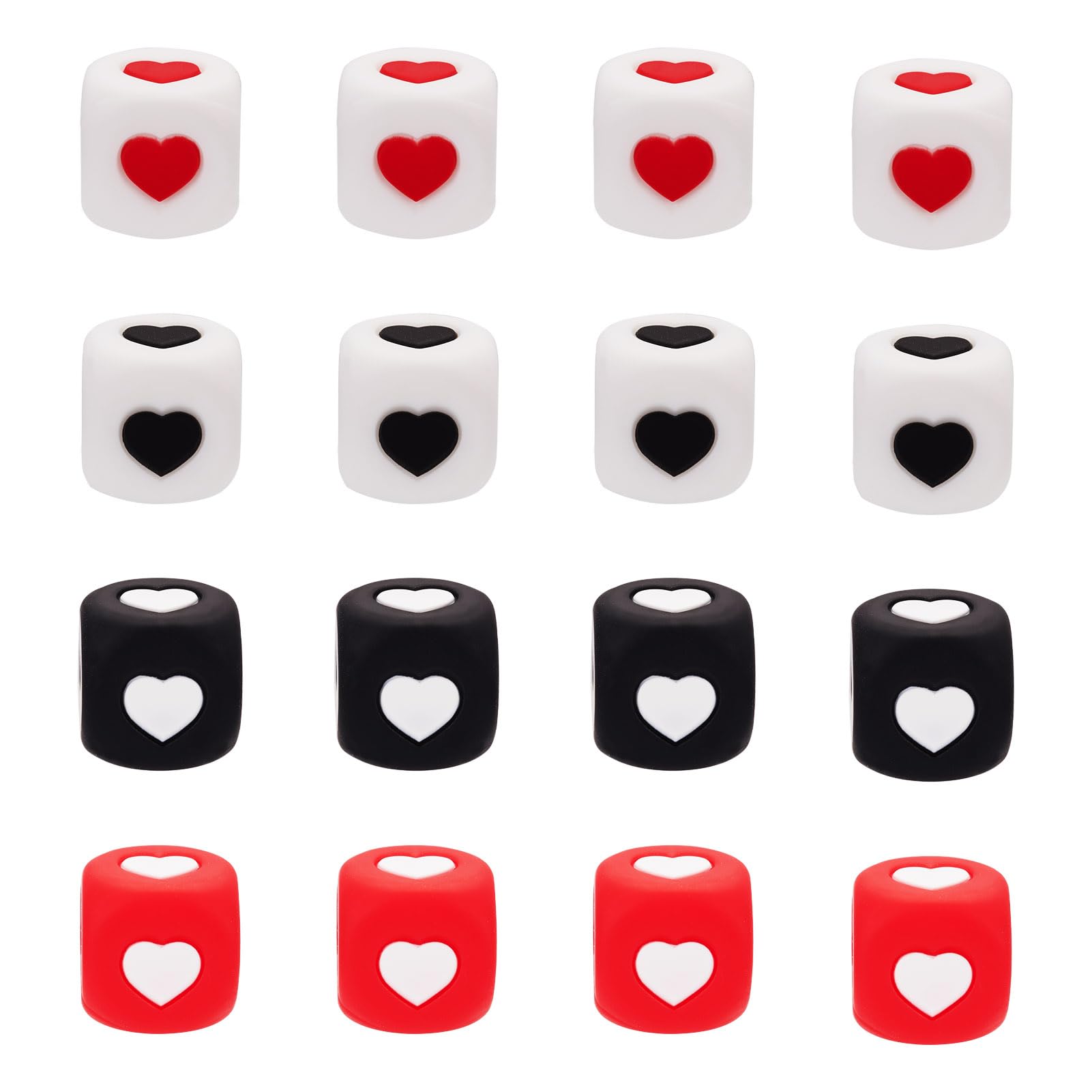 Bestewelry 40pcs Heart Silicone Beads 12mm Square Cubic Focal Beads Black White Red Rubber Beads for DIY Beadable Pens Keychain Jewellery Making