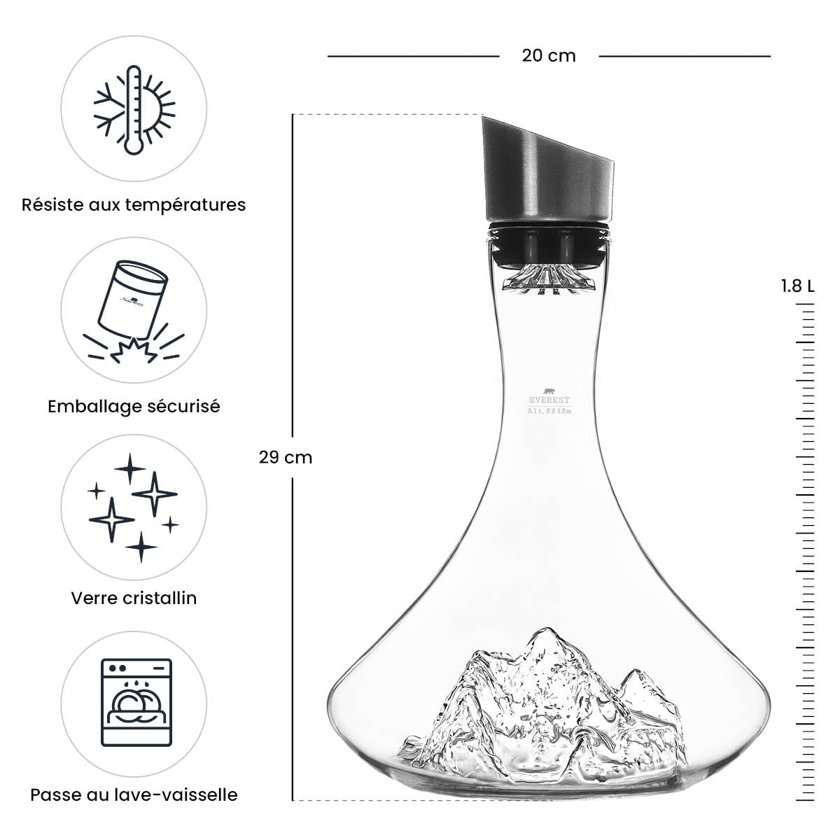Caraffa per decantare il vino, 1,8 l, borosilicato di alta qualità, soffiato artigianalmente con montagne in rilievo, tappo 3 in 1 (filtro, aeratore e beccuccio) (Everest)