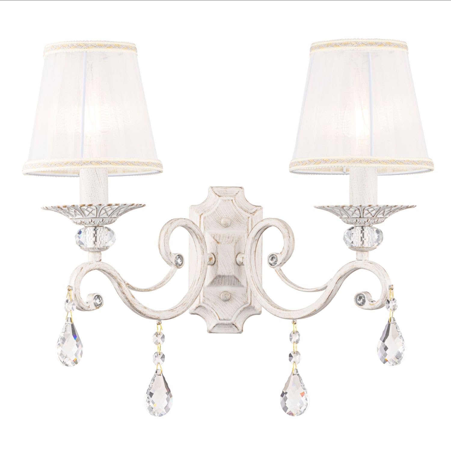 Licht-Erlebnisse Wandleuchte Stoff Metall E14 in Shabby Weiß Gold Weiß 2-flammig B: 39 cm Klassisch Wandlampe Schlafzimmer Wohnzimmerlampe