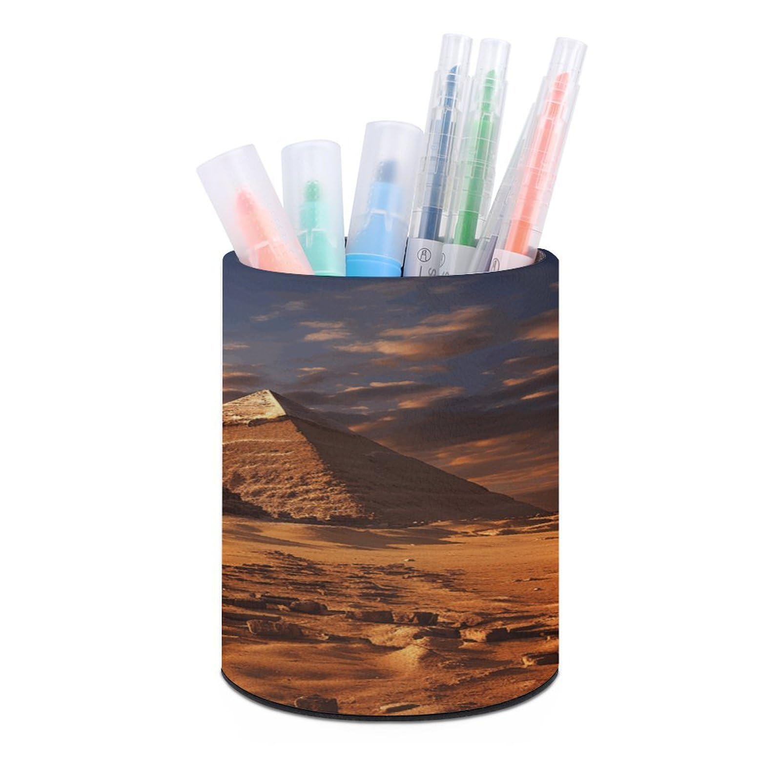 VstaDank Egyptian Pyramids Pen Holder PU Leather Pencil Cup Minimalist Desk Pencil Holder Round Make Up Brush Organizers For Office Dorm Room&Vanity Desk Accessories