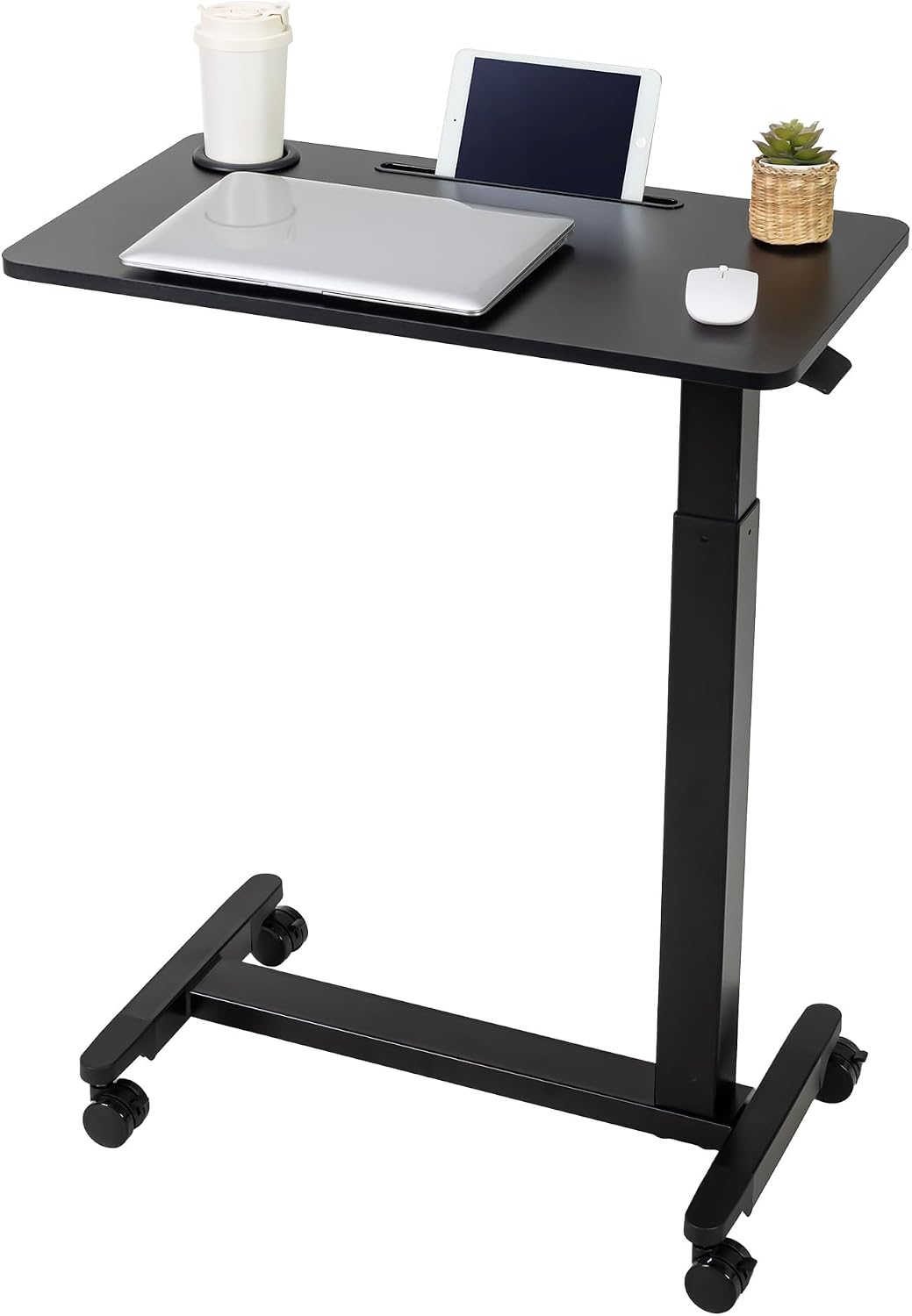 Height Adjustable Overbed Table with Wheels, Rolling Laptop Standing Desk, Portable Bedside Tables with Slot, Cup Holder, Mobile Pneumatic Computer Cart, Black