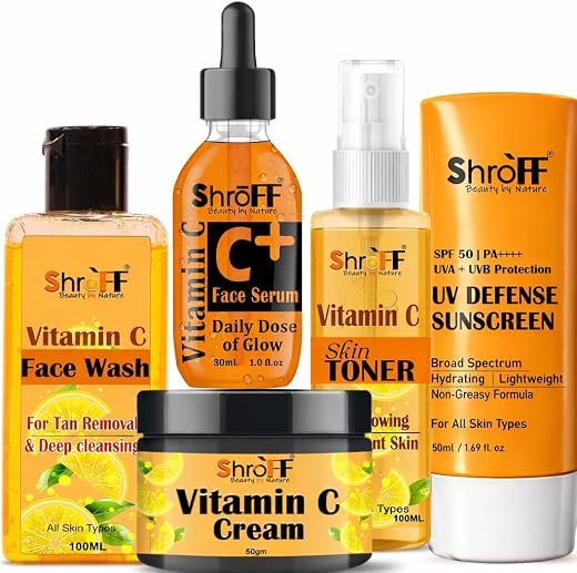Shroff Vitamin C Skincare Combo Kit, Face Wash, Toner, Serum, Cream and SPF 50 Sunscreen, for All Skin Types