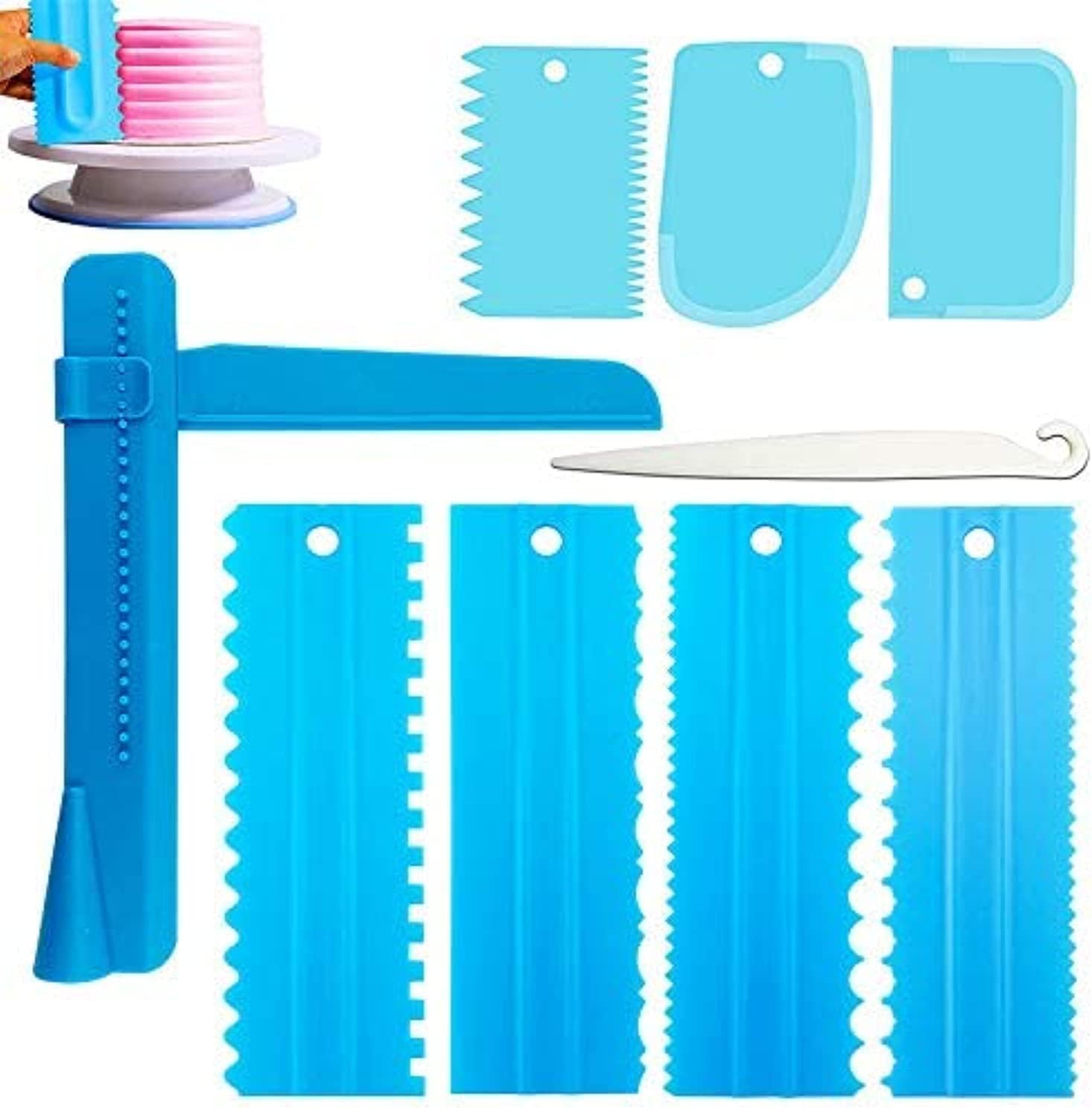 DELFINO Cake Scraper, Set of 9 Packs Cake Scraper Cake Decorating Comb Icing Smoother for Cake Decorating Plastic Baking Scraper Decorating Cake Edge Kitchen Baking Mold DIY Tool (Blue)