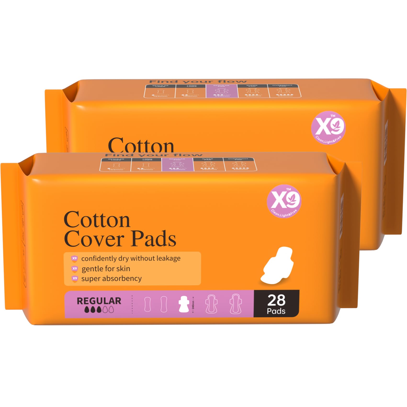 X9 Cotton Cover Period Pads with Wings, Regular Absorbency Daytime Sanitary Napkins, 245mm, 56 Count