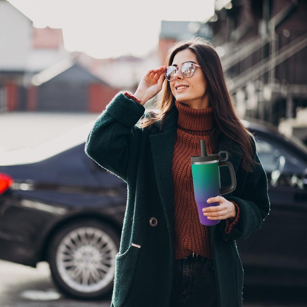 ZZT 40 oz Tumbler with Handle and Straw Lid,Leak Proof Metal Sports Water Bottle Jug,Stainless Steel Insulated Travel Coffee Mug-Fits in Cup Holder-Gifts for Women & Men(Green Purple) - Image 7