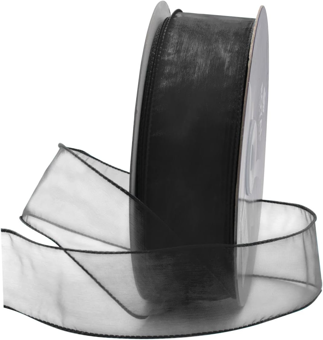 Royal Imports Organza Wired Sheer Ribbon for Floral & Craft Decoration, 50 Yard Roll (150 FT Spool) - Black