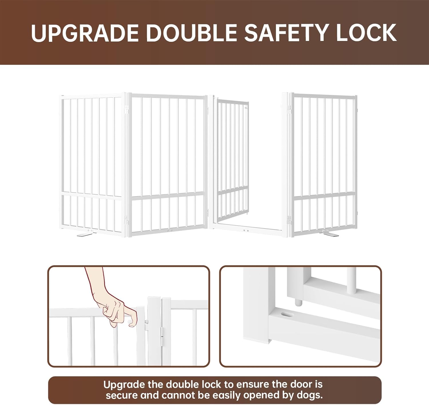 4 Panels Full Metal Freestanding Dog Gates with Door, 80” W x 32” H Folding Pet Gate Fence with Support Feet for Indoor,Stairs, Hallways and Doorways(White)