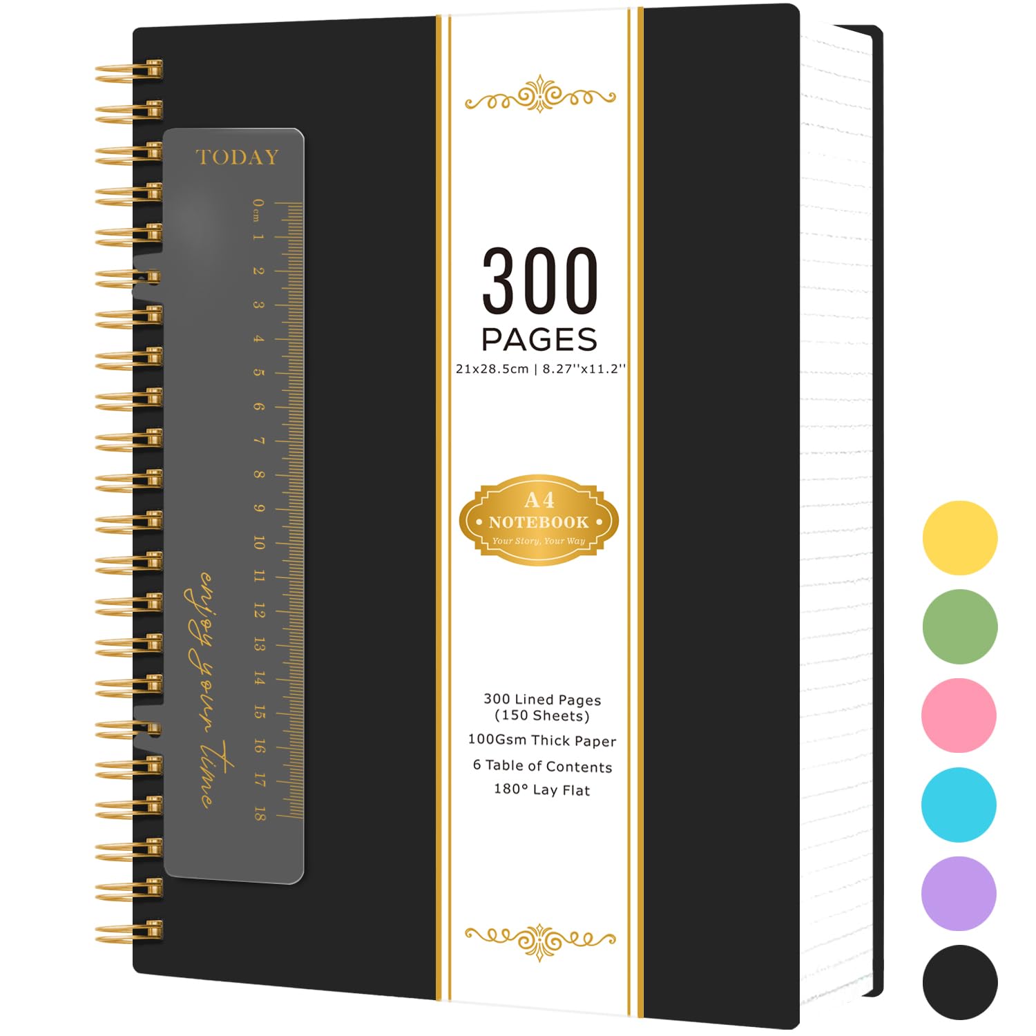 NIRMIRO Spiral Notebook A4, 300 Pages Wirebound Notepad Hardback, Black PVC Cover Note Book for Writing 100GSM A4 Lined Paper