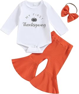3Pcs Thanksgiving Outfit Infant Baby Girl Long Sleeve Romper Flared Pants Headband Fall Clothes Sets