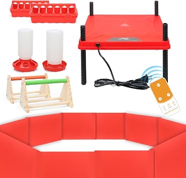 Chick Feeder and Waterer Kit with Chicken Brooder Heating Plate, Chick Perch, Flip Top Poultry Feeder, Baby Chick Starter Kit for Chick Brooder, Baby Chicken Supplies for Baby Chick, Duck and Quail