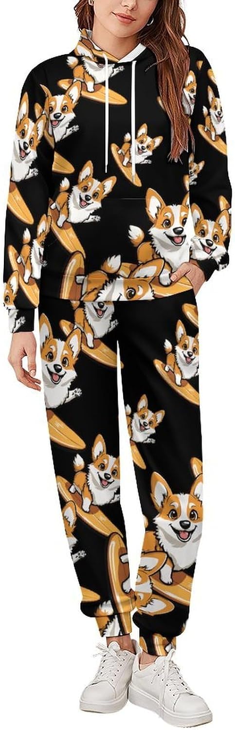 Corgi Surfing Men's Hooded Set Casual 2 Pieces Suits Pullover Tracksuit Hoodies And Sweatpants