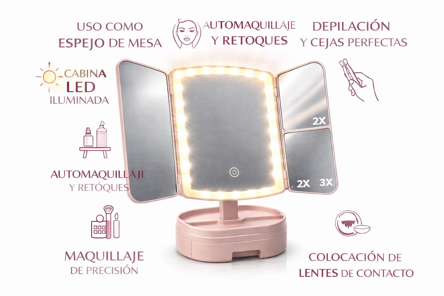 Alambique Lustro do makijażu z oświetleniem LED w 3 odcieniach i powiększeniu x 1 x 2 i x3, podwójne składane i dotykowe, w zestawie bateria i kabel USB, idealny prezent dla kobiet i mężczyzn (różowy)