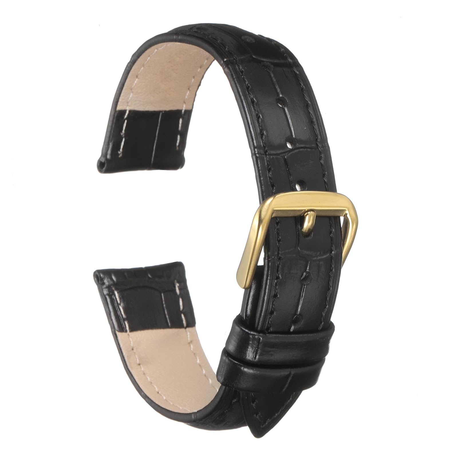 uxcell Leather Watch Band 16mm Embossed Pattern Cowhide Watch Strap Replacement with Spring Bars for Men and Women, Black Gold