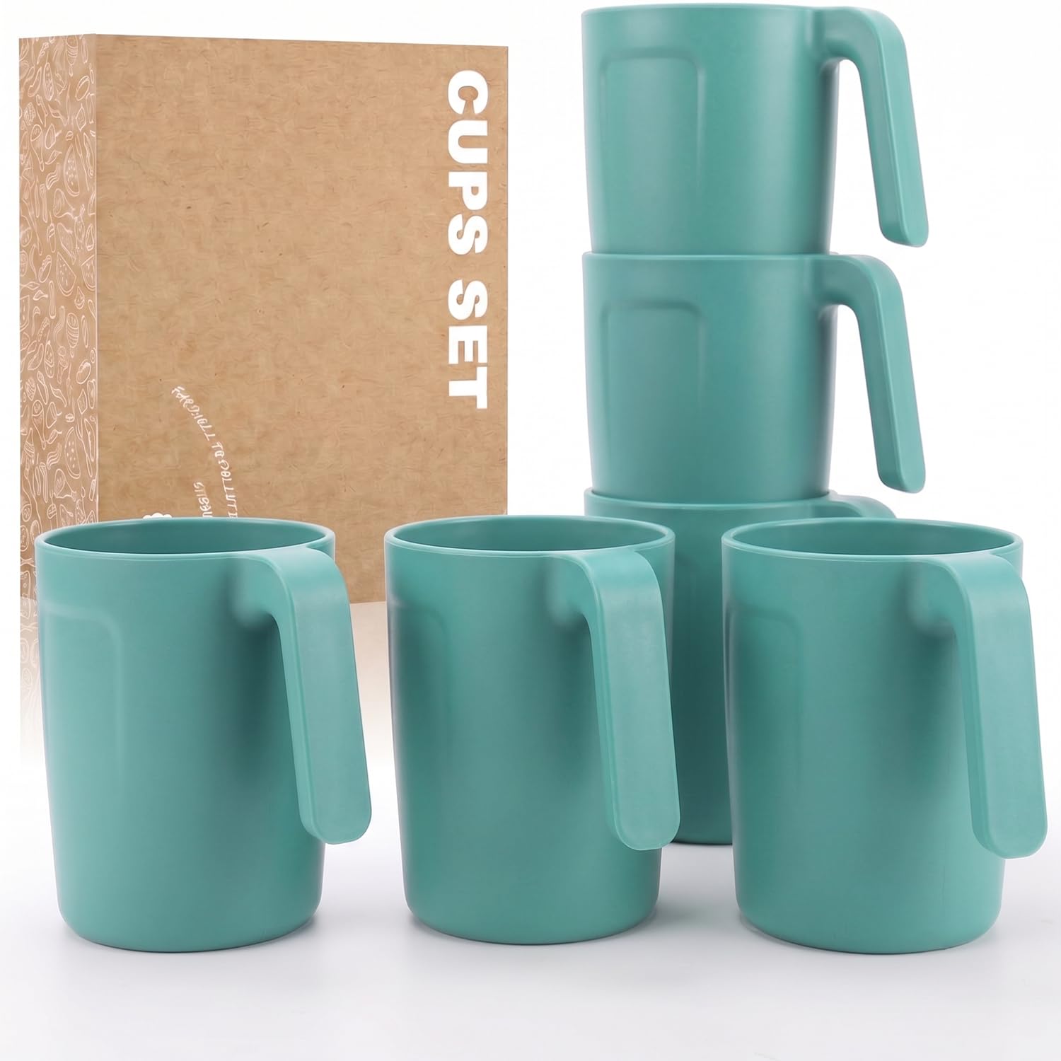 Wrova Unbreakable Mug Set of 6-16 oz Cups Set, Reusable Plastic Cups Dishwasher & Microwave Safe Plastic Glasses for Coffee, Tea - DarkGreen