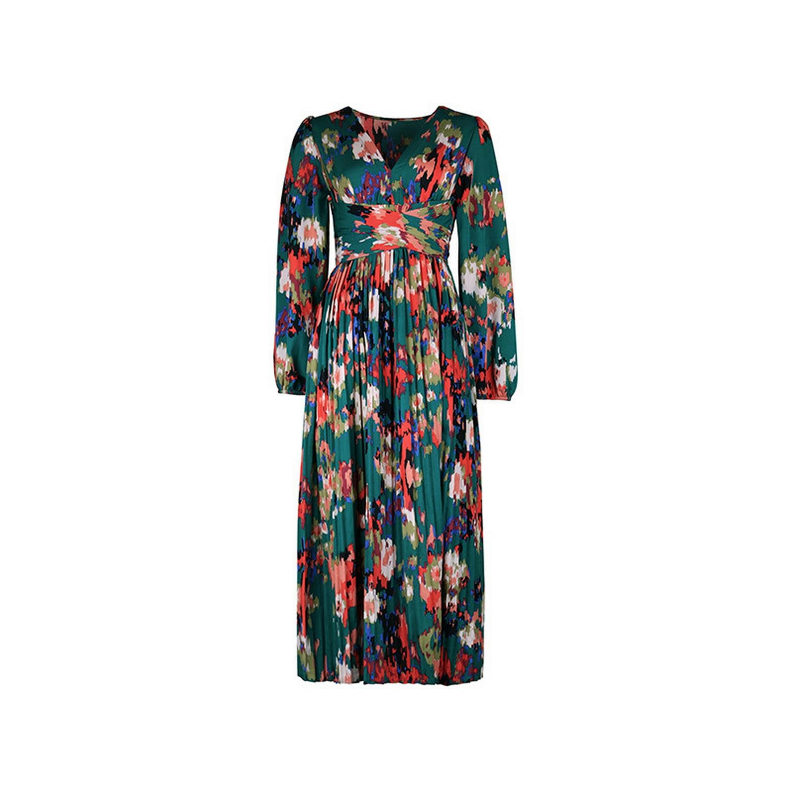 Vestido largo de gasa de manga larga con cuello en V, elegante vestido de fiesta floral fluido, para mujer. YYEFNMAZ