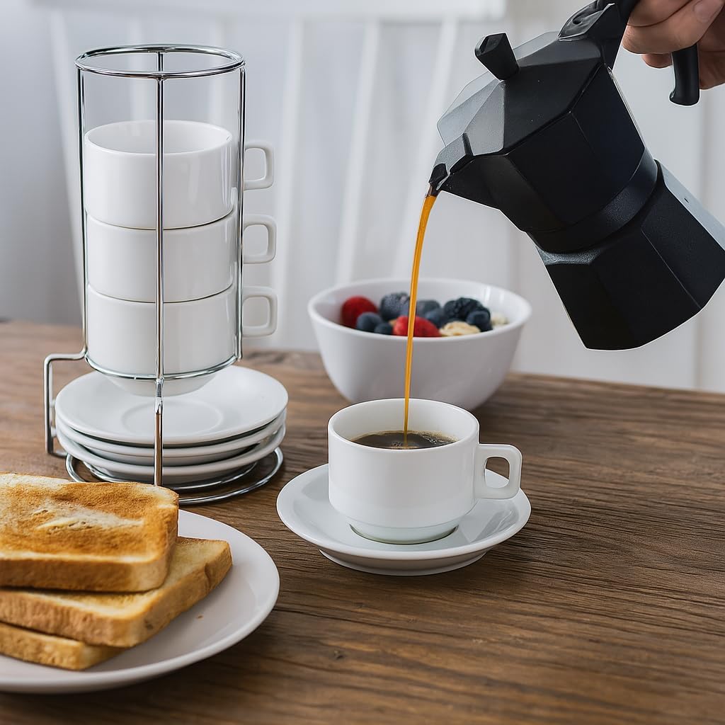 HIC Kitchen Stackable Espresso Coffee Set, Fine Porcelain, 9-Piece Set, 4-Ounce Service for 4 Plus Storage Stand