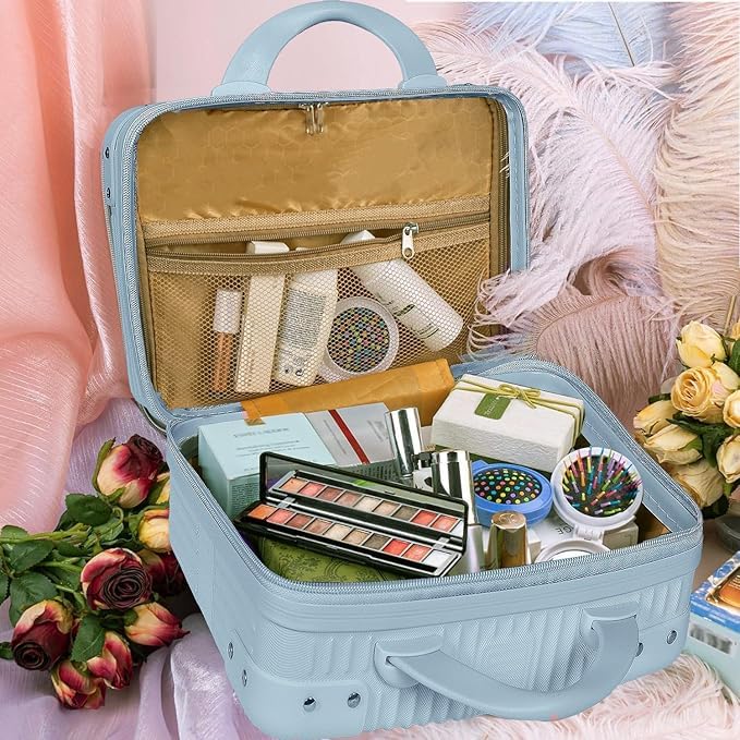 Image of Makeup Case Suitcase, Mini, Mini Hard Shell Travel Luggage, Women Portable Water Proof Carrying Suitcase, Organizer Bag, Small Hard Shell Cosmetic Lugge Bag, Water Proof (B-Sky Blue)