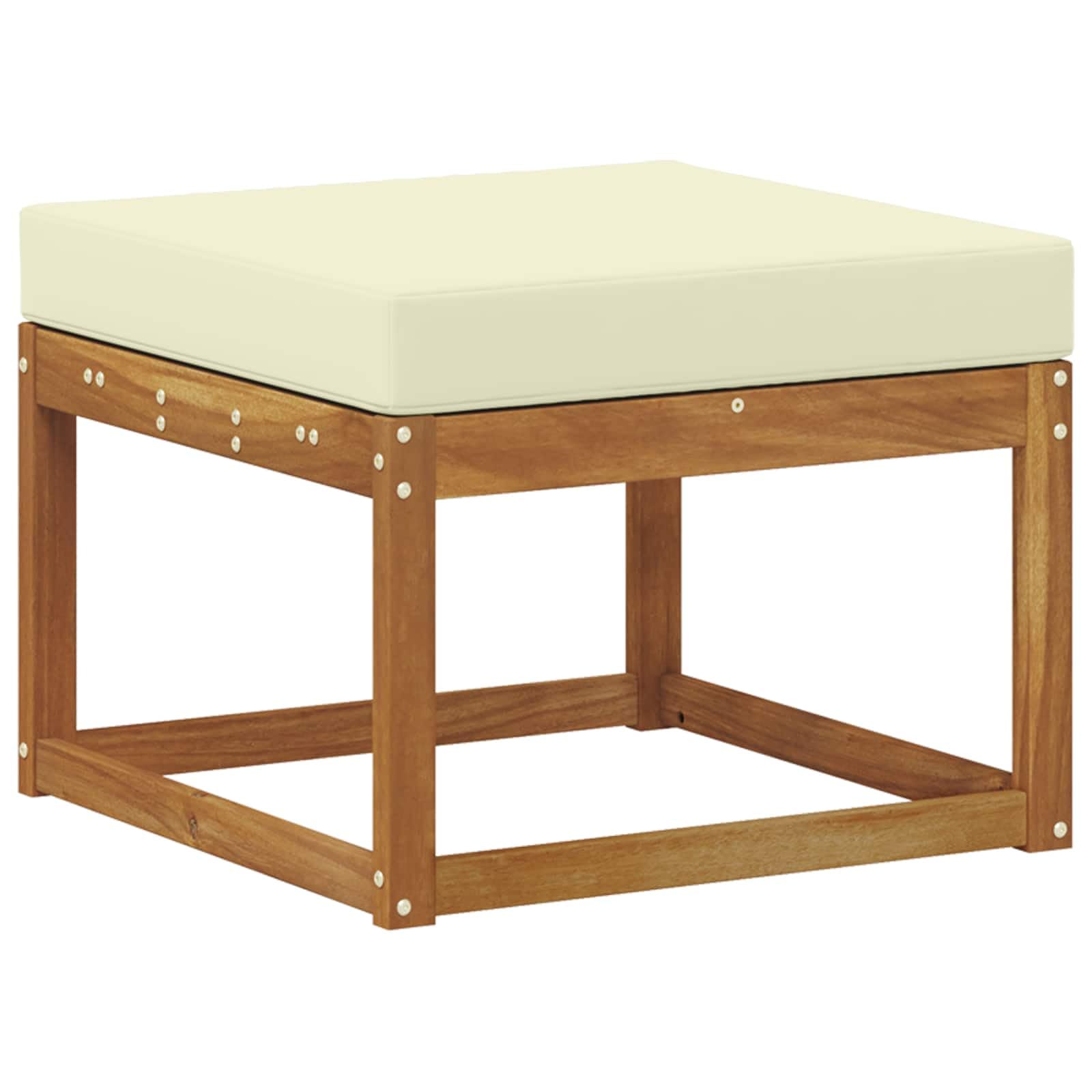 Outdoor-Sofagarnitur 6-teilig mit Kissen aus massivem Akazienholz Natur Creme, inklusive Tisch, Hocker und Armlehnen, wetterbeständig, modernes Latten-Design für Terrasse Balkon Garten