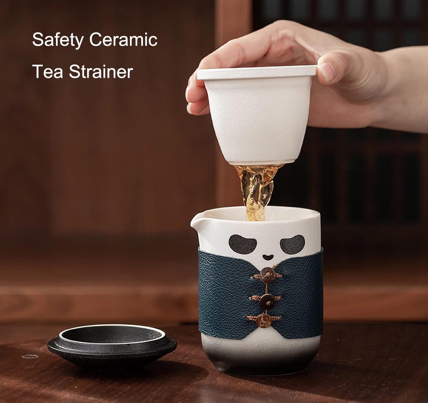 トラベルティーセット、かわいいパンダのティーカップ、ポータブルバッグ付き、13オンス中国製セラミック功風ポット、セラミックカップ4個