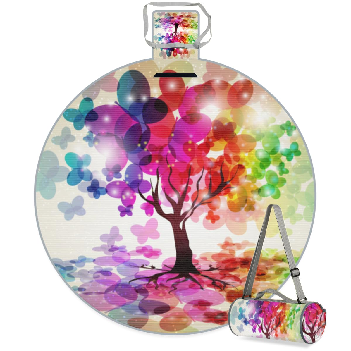 Shimoshe Colorful Butterfly Leaf Tree Picnic Outdoor Blanket Foldable Waterproof Sandproof Beach Blanket Portable Water-Resistant Round Picnic Mat for Travel Camping Park Lawn