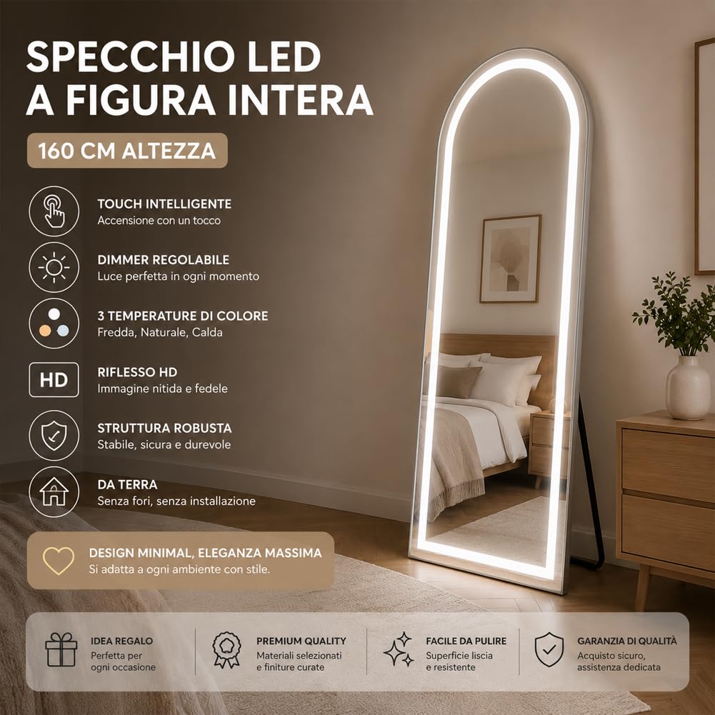 Shally Dogan Specchio Figura Intera ad Arco con Struttura in Alluminio Indipendente e Led a 3 Colori Bianco Freddo, Caldo e Naturale, Illuminazione Dimmerabile e Accensione Touch Moderno, 160 x 50 cm