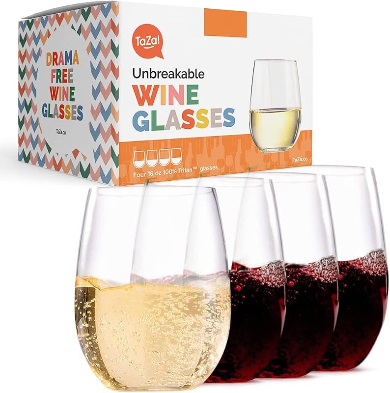 TaZa Copas de vino para exteriores sin tallo, juego de 4 de 16 oz, vasos de plástico Tritan irrompibles, vasos reutilizables aptos para lavavajillas, cristalería transparente inastillable