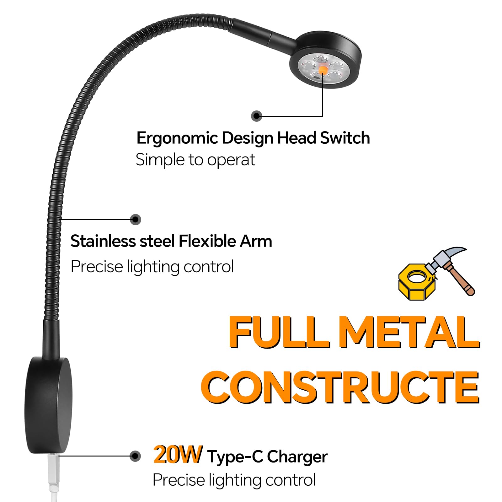12V Leselampe Wohnmobil Eingebauter Dimmschalter, Typ-C-Ladegerät und rotes Nachtlicht 3200K Flexible LED Wandlampe DC 12V-24V Spot für Boot Wohnwagen Yacht, Schwarz 2 Stück