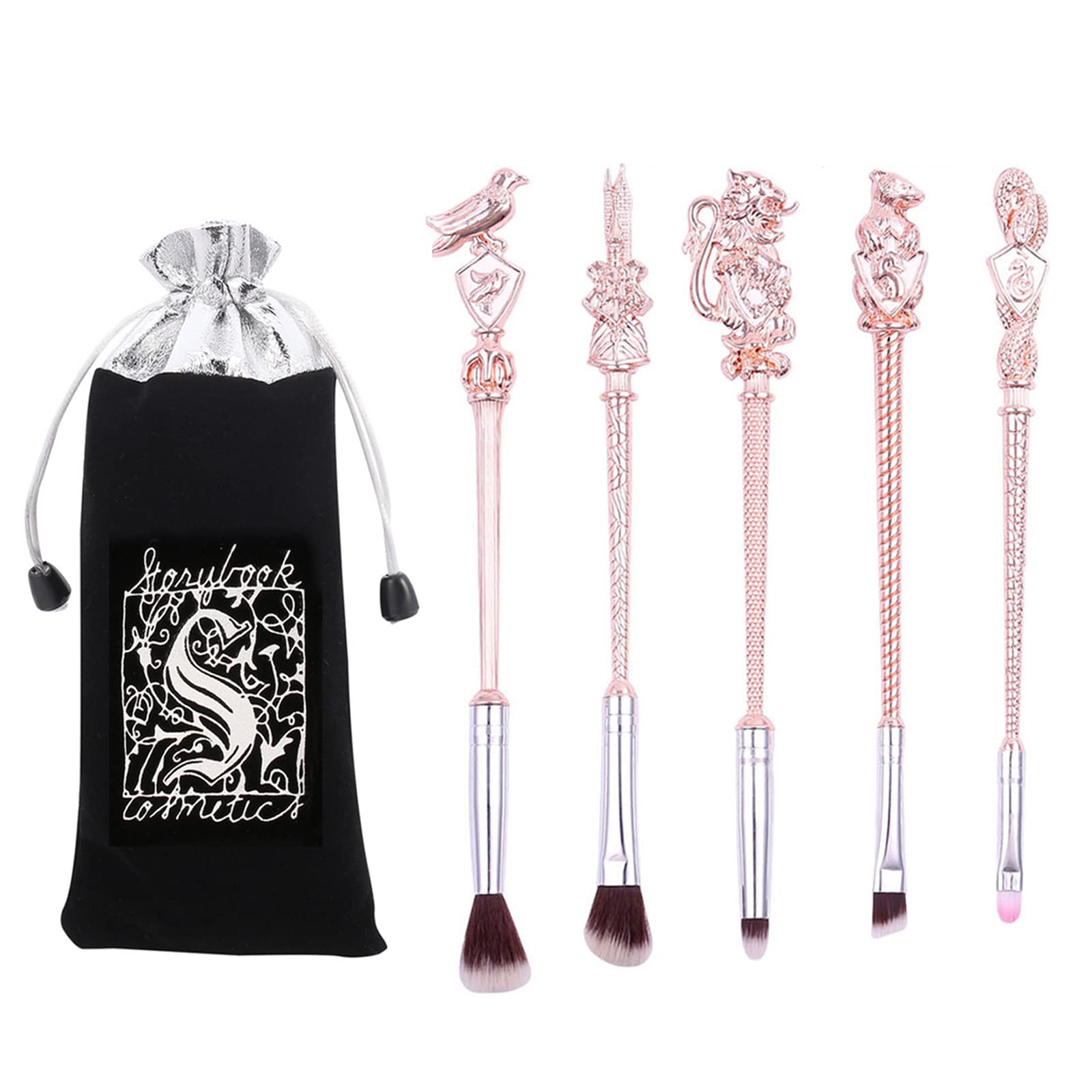 Boyigog 5Pcs Makeup Brush Set,3D Handle Wizard Metal Wand with Theme Bag,Anime Cosmetic Brushes for Powder Eyeshadow Lips Eyeliner,Portable Makeup Brush Set Gift for Girl Women (Rose gold)