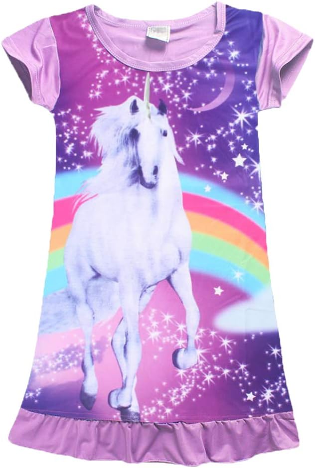 Comfy Girls Unicorn Printed Rainbow Princess Casual Dress Nightgown Nightie