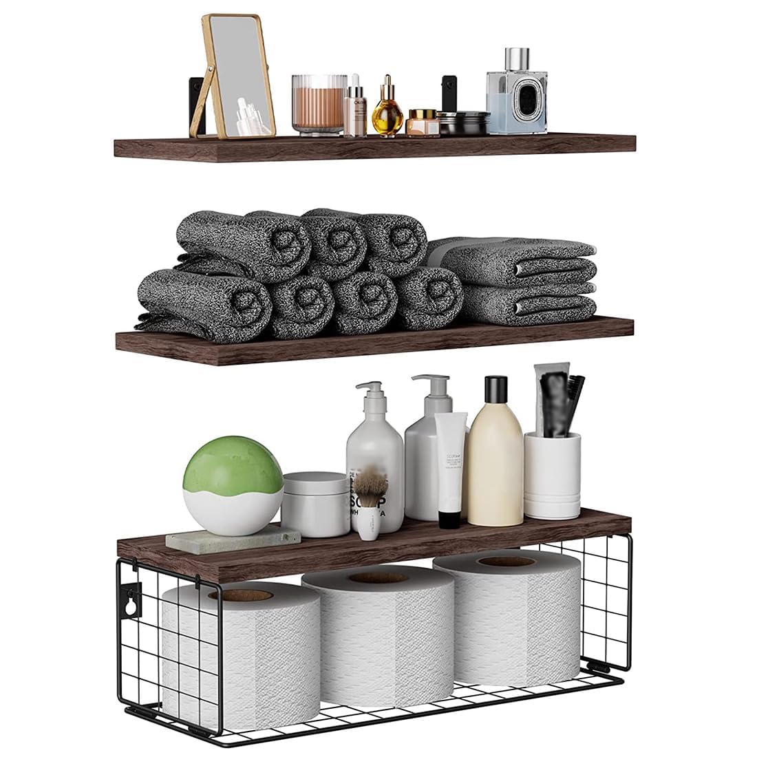 ROUNY Floating Shelves Wall Mounted, Bathroom Shelves Set of 3 with Wire Storage Basket & Protective Metal Guardrail, Rustic Farmhouse Wall Shelves for Wall Decor, Kitchen, Living Room(Dark brown)