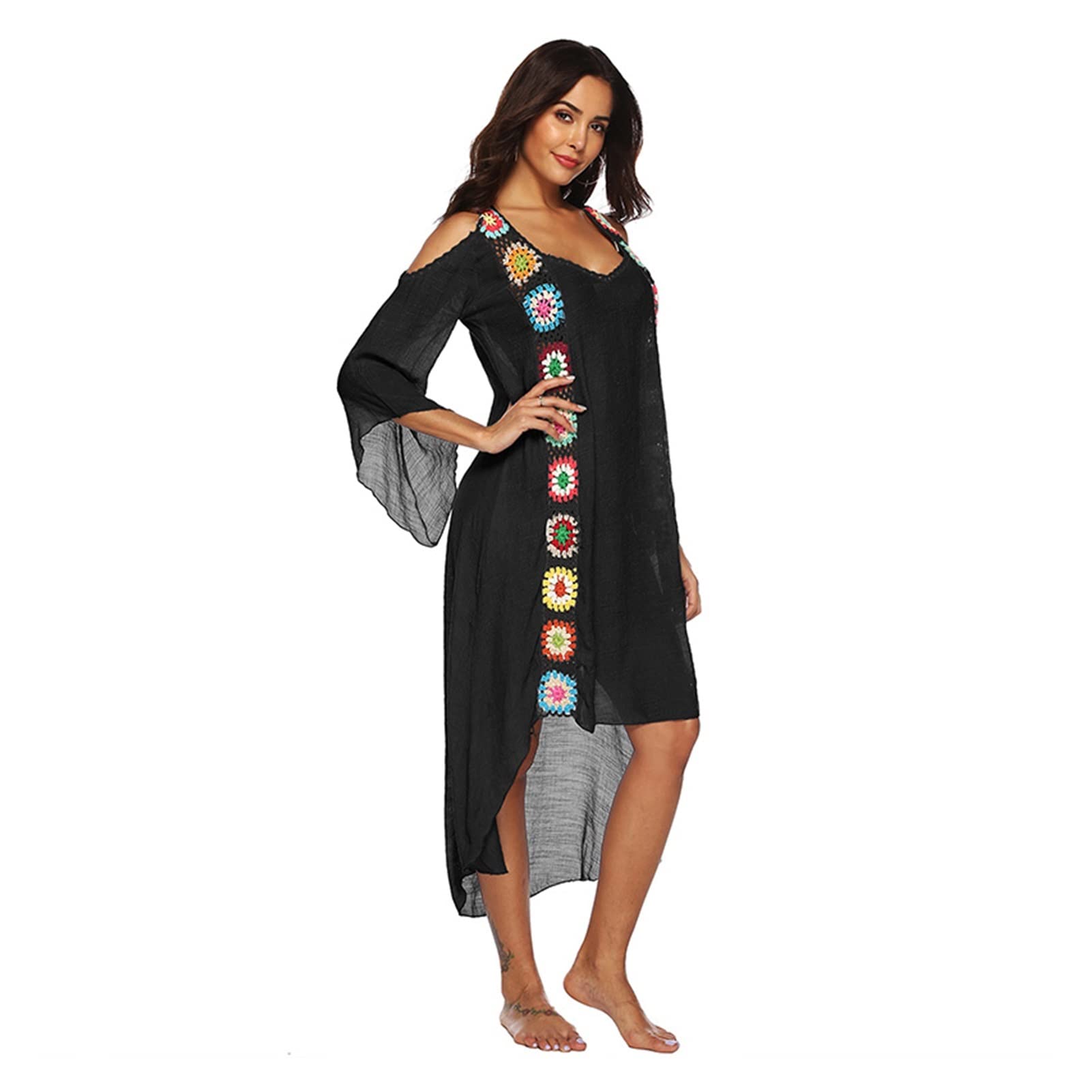 ZZSRJ Vestido de Playa de Damas Encubrimiento de Crochet Traje de baño Cubierta de túnica natada de natación Ropa de natación fit Damas túnica (Color : Yellow Cover up, tamaño : One Size)