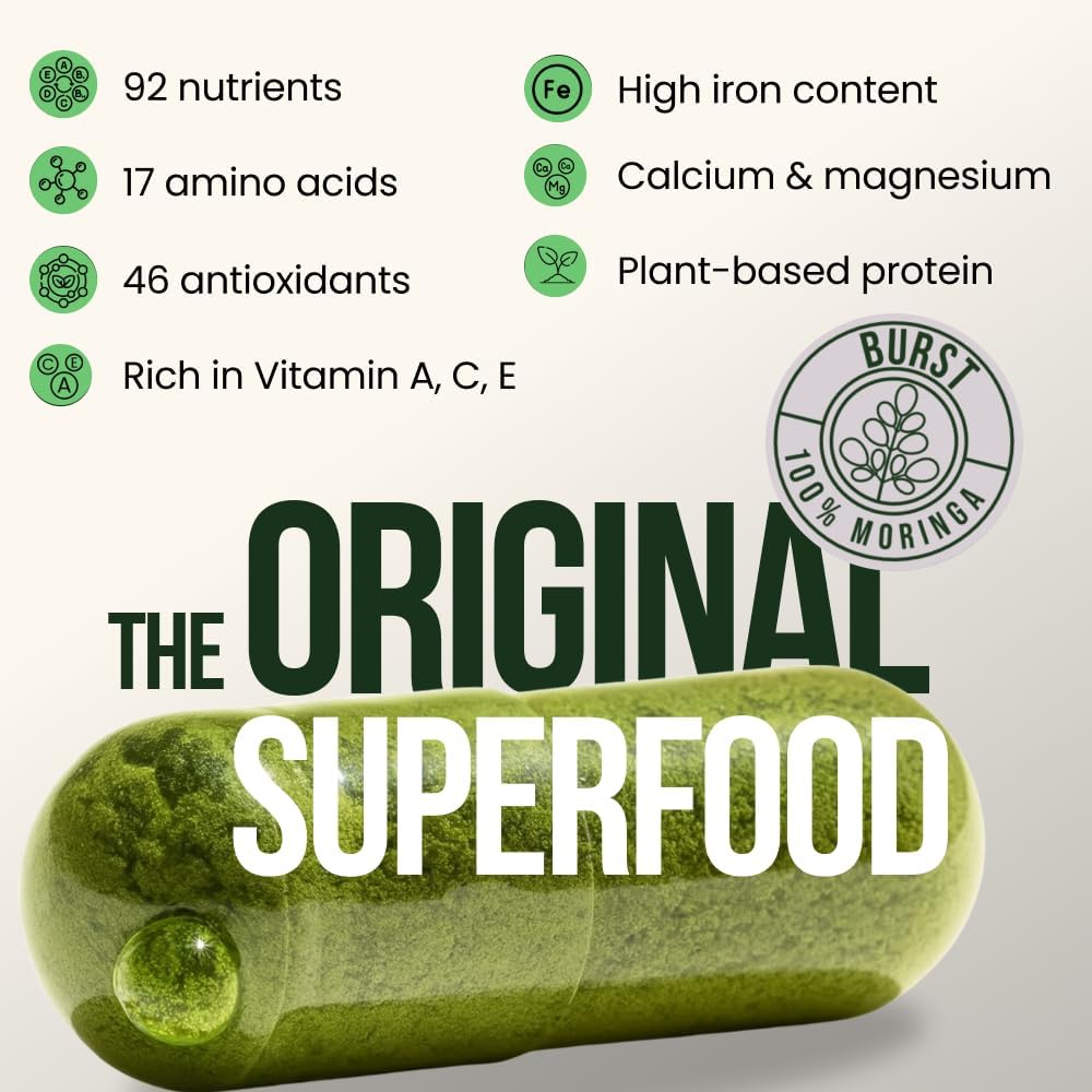 Burst 100% Organic Moringa Capsules – Supports Energy, Immunity, & Vitality | Pure Moringa Oleifera Supplement | Rich in Vitamins, Protein, & Antioxidants | Vegan, Non-GMO - 120 Capsules - Image 5