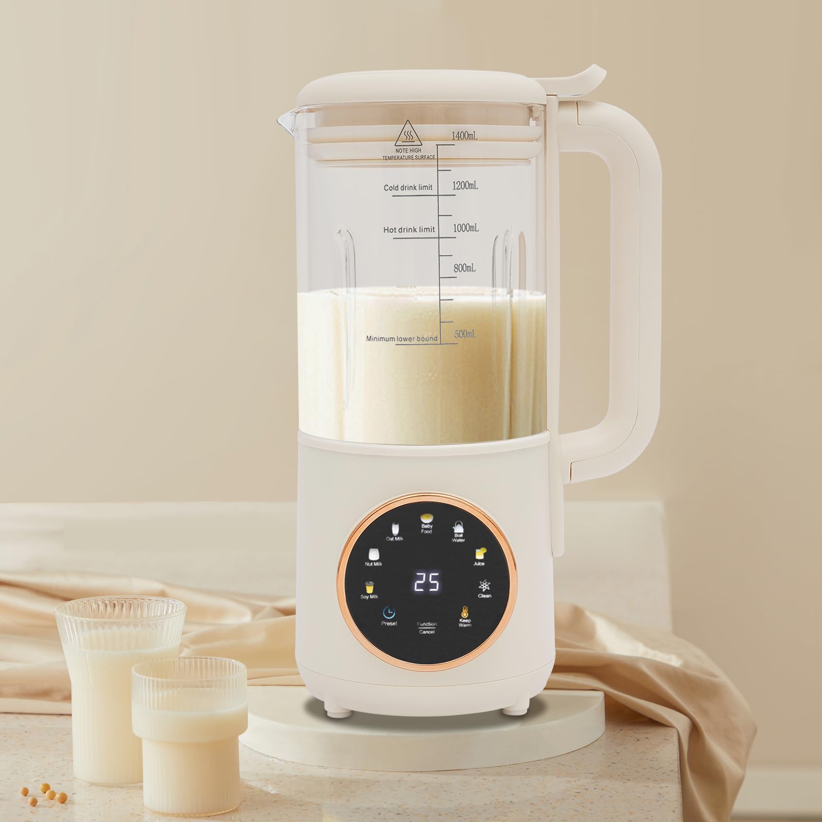 Macchina per latte di noci 1400 ml, spremiagrumi automatico latte di soia con 16 lame, display touch LED, funzione di mantenimento in caldo per 6 ore e autopulente per latte vegetale fatto in casa