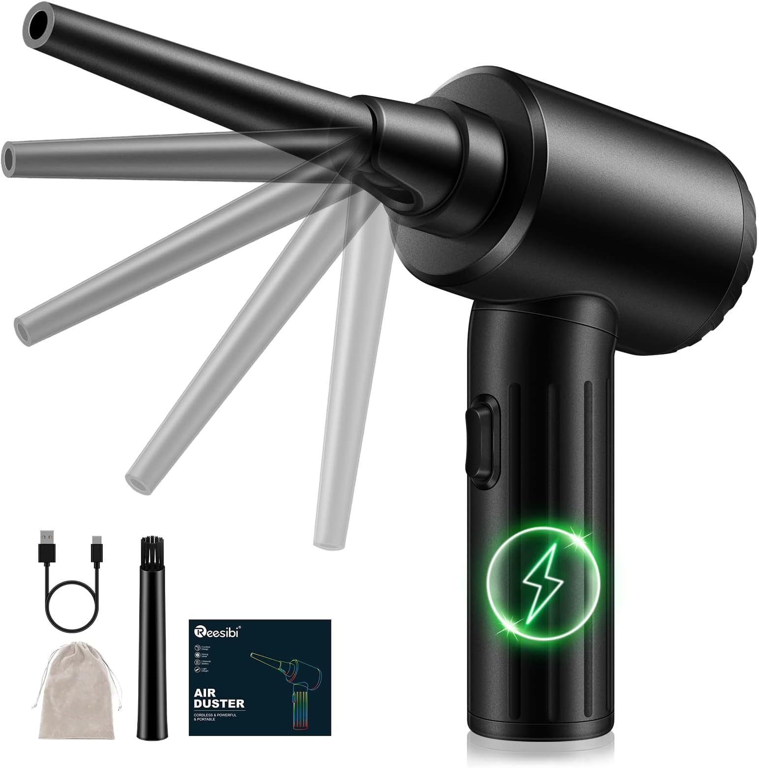 Reesibi BRUSHLESS Motor - Compressed air Duster - 3 Gear Adjustable Keyboard Cleaner for Office Good Replacement Canned Air, Electric 90000RPM Cordless air Duster Rechargeable 7500mAh