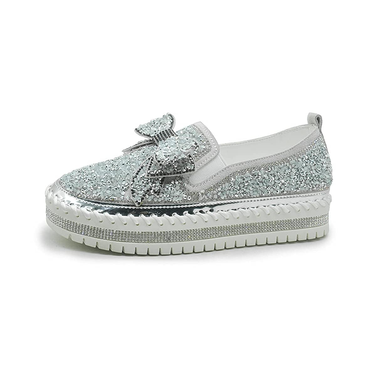 SACFOF Women's Fashion Glitter Slip On Sneakers Rhinestone Bling Platform Walking Shoes Cute Bowknot Sequin Shiny Loafers