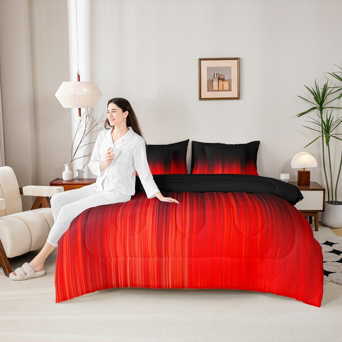 Erosebridal Modern Comforter Set Red Bed in A Bag Queen Size 7 Pieces Ombre Aesthetic Gradient Adults Kids Women Bed Set Abstract Bedding
