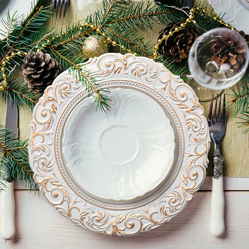 Genmous & Co. Genmous 13 Inch White Charger Plates Set Of 8, Vintage Embossed Plastic Table Chargers For Wedding Party Christmas Thanksgiving, Elegant Gold Dinner Plate Chargers Bulk For Rustic Farmhouse Kitchen Decor cover