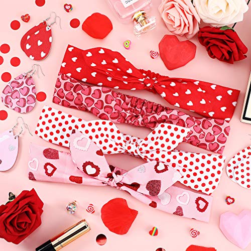 Chuangdi 8 Pieces Valentine's Day Headbands And Valentines Faux Leather Drop Earrings, Heart Shape Polka Dot Hair Scarf Scrunchies Headwrap Heart Print Dangle Earrings For Valentine Girls Women #TOP2