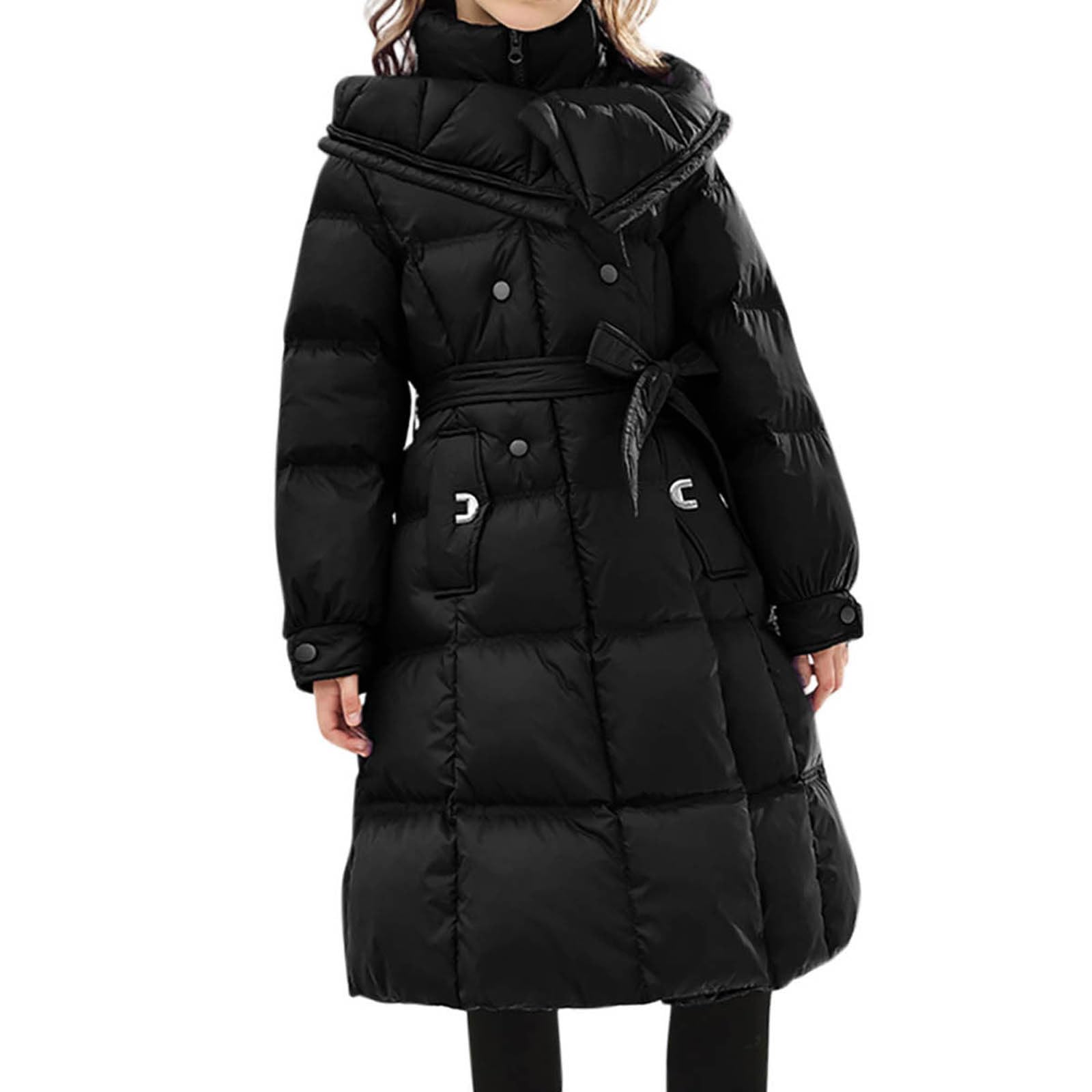 HAOLEI Chaqueta de Plumas para Niñas,Abrigo Acolchado con Capucha Elegante Chaqueta Largo con Cinturón Cortavientos de Invierno Gruesa y Cálida Color Sólido Parka Térmica para Adolescentes 5-16 Años