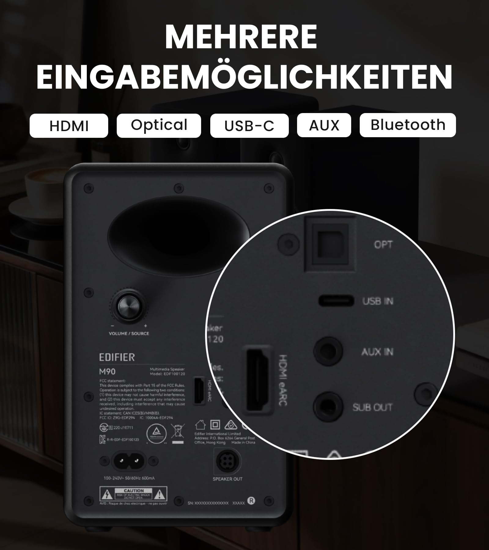 Edifier M90 Regal-Lautsprecher, 100 W RMS Desktop-Lautsprecher, Hi-Res-Audio, LDAC, Bluetooth 6.0, kompakter Lautsprecher, HDMI eARC/optischer/USB-C/AUX-Eingang, SUB Out, Aktivlautsprecher – Schwarz