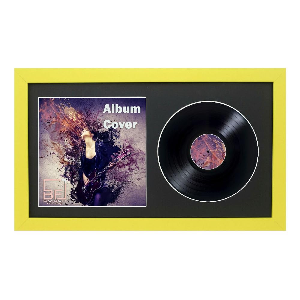 12" / 10" / 7" Double Vinyl LP Record and Album Cover Frame BLACK Mount Memorabilia Wall Display (Yellow, 35L x 19Wcm 7" Vinyl)