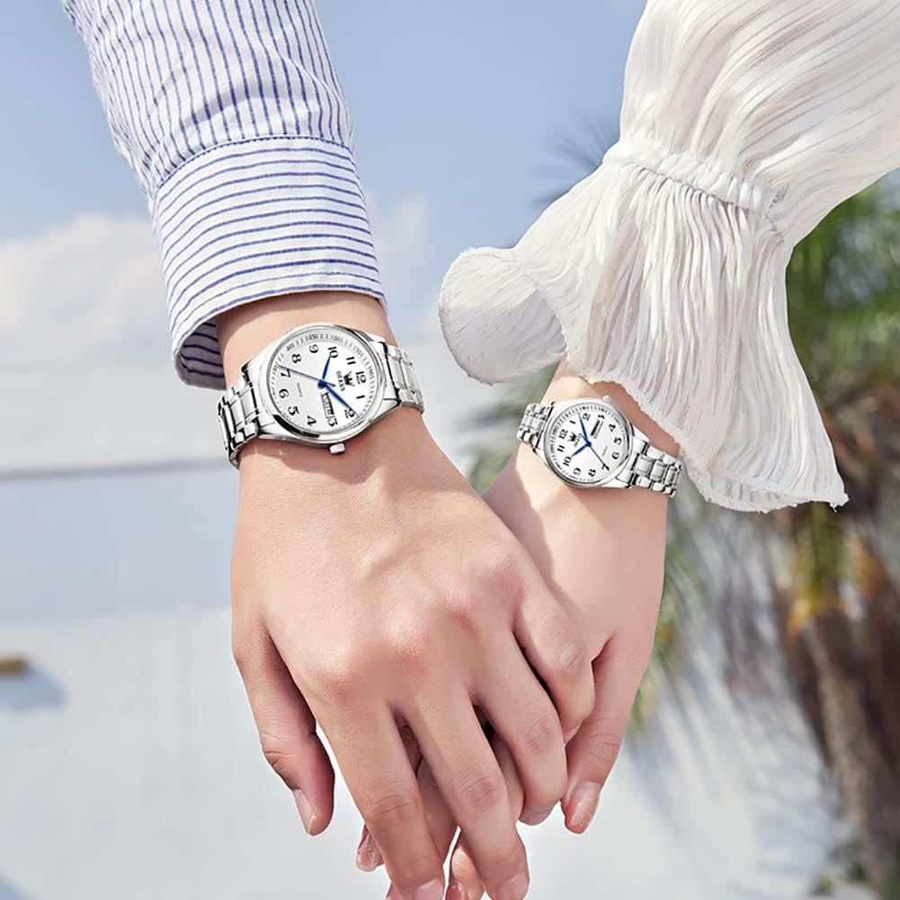 OLEVS Valentines Couple Pair Quartz Watches Luminous Calendar Date Window 3ATM Waterproof, Casual Stainless Steel His and Hers Wristwatch for Men Women Lovers Wedding Romantic Gifts Set of 2 - Image 2